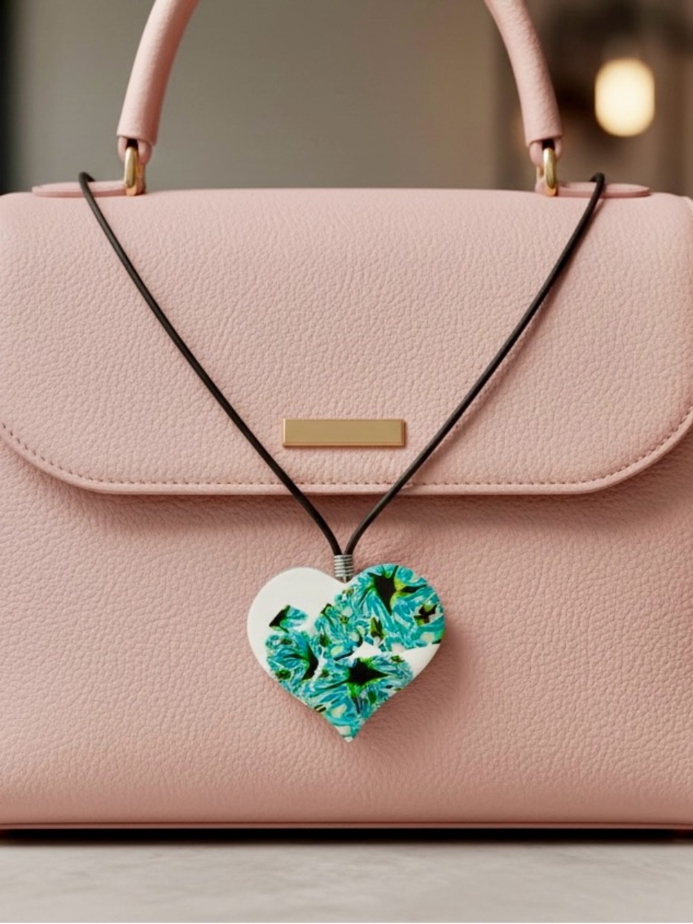 Handmade Blue & Green Abstract Floral Heart Polymer Clay Large Pendant Necklace
